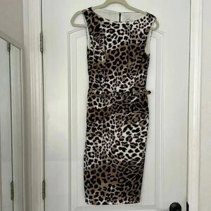 Cache Leopard Animal Print Rushed Sleeveless Sheath Dress Belted Sz 2